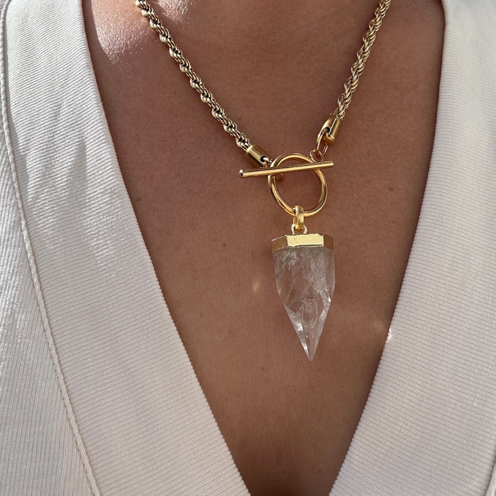 Clear Quartz Gold Bullet Necklace - rope chain quartz necklace, gold plated